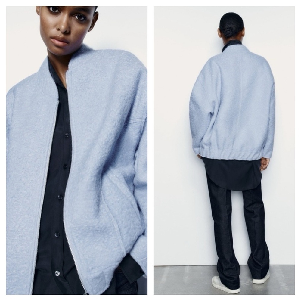 Zara Oversize Zip Bomber Jacket Sky Blue size XS-S